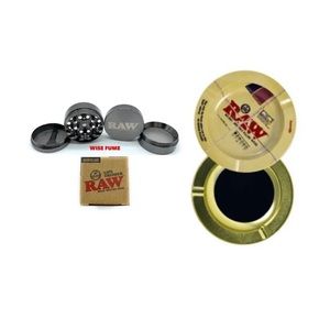 raw life grinder 4 pieces small size + raw round metal magnetic 5.5” ash tray